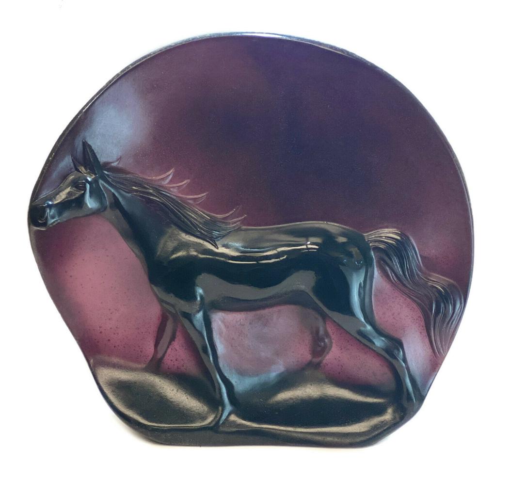 Daum Pate De Verre Horse, Camargue by Petitfils: Daum France amethyst pate de verre horse sculpture, Camargue by Guy Petitfils. Marked Daum France along with the artist's embossed signature to the verso. Limited edition of 150. Weight Approx., 20 lb