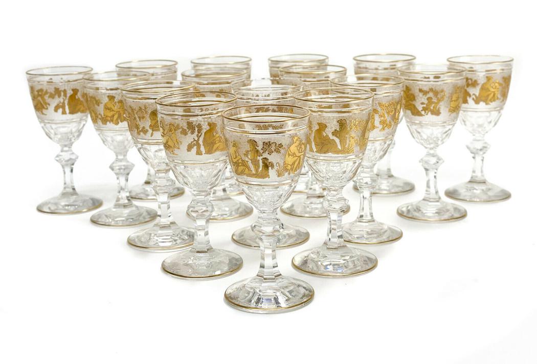 16 Val St Saint Lambert Glass Wine Danse De Flore: 16 Val St Saint Lambert cut glass burgundy wine goblets in Danse De Flore clear. Beautiful gilt antiquity dancing scenes to the frosted circular band. Weight Approx., 12 lbs Measures Approx., 2.27 inc