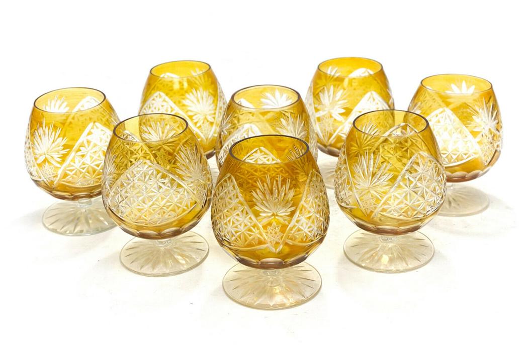 8 Bohemian Amber Glass Cut to Clear Brandy Snifters (1 of 3)