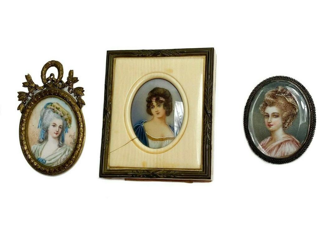 3 Hand Painted Portrait Miniatures, Silver Frames (1 of 7)