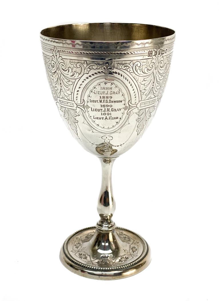 Roberts & Belk Sheffield Sterling Silver Wine Goblet: Roberts & Belk (Samuel Roberts & Charles Belk) Sheffield Sterling Silver Wine Goblet, 1873. Four oval areas with military inscriptions. Hand chased foliate scrolls and flowers with a beaded design to 