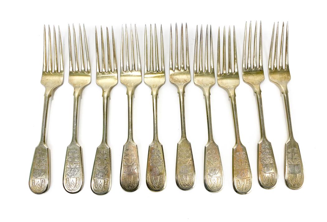 10 Alekessvich 84 Gilt Silver Forks: 10 Alekessvich 84 Gilt Silver Forks, c1900. Monogrammed "N" to the finials with hand chased flowers. Ivan Alekessvich 84 silver hallmarks to the sides. Weight Approx., 12.76 ozt Measures Approx., Fork