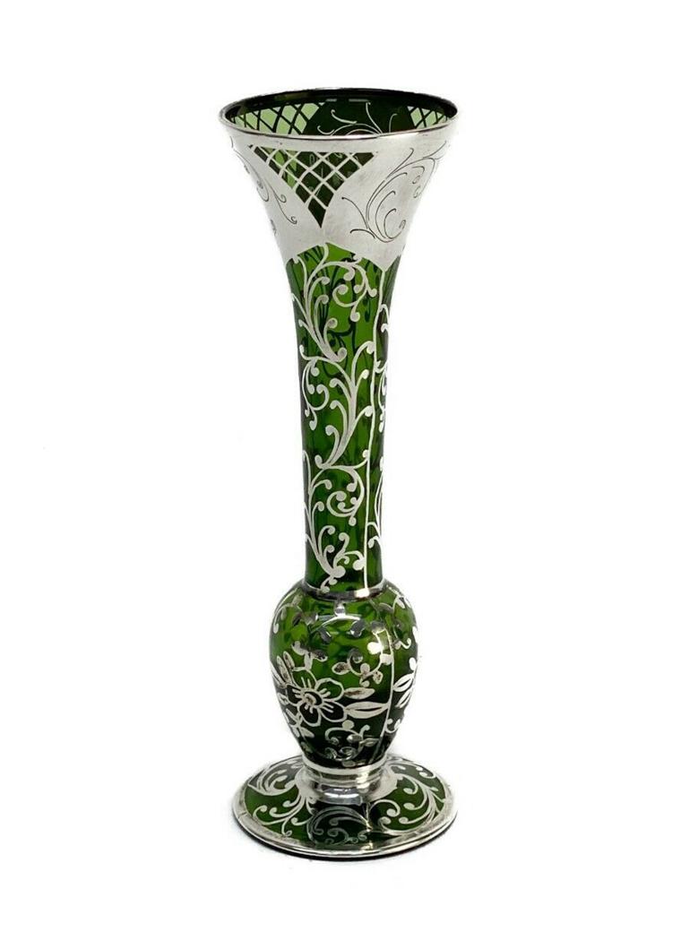 American Green Art Glass Silver Overlay Bud Vase 6 in. (1 of 3)