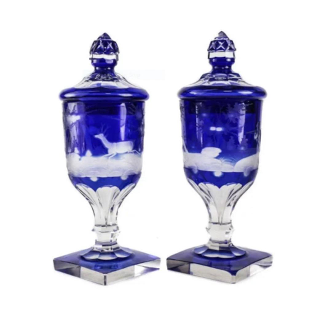 Pair Bohemian Blue Cut Clear Glass Urns, 19th Century (1 of 5)