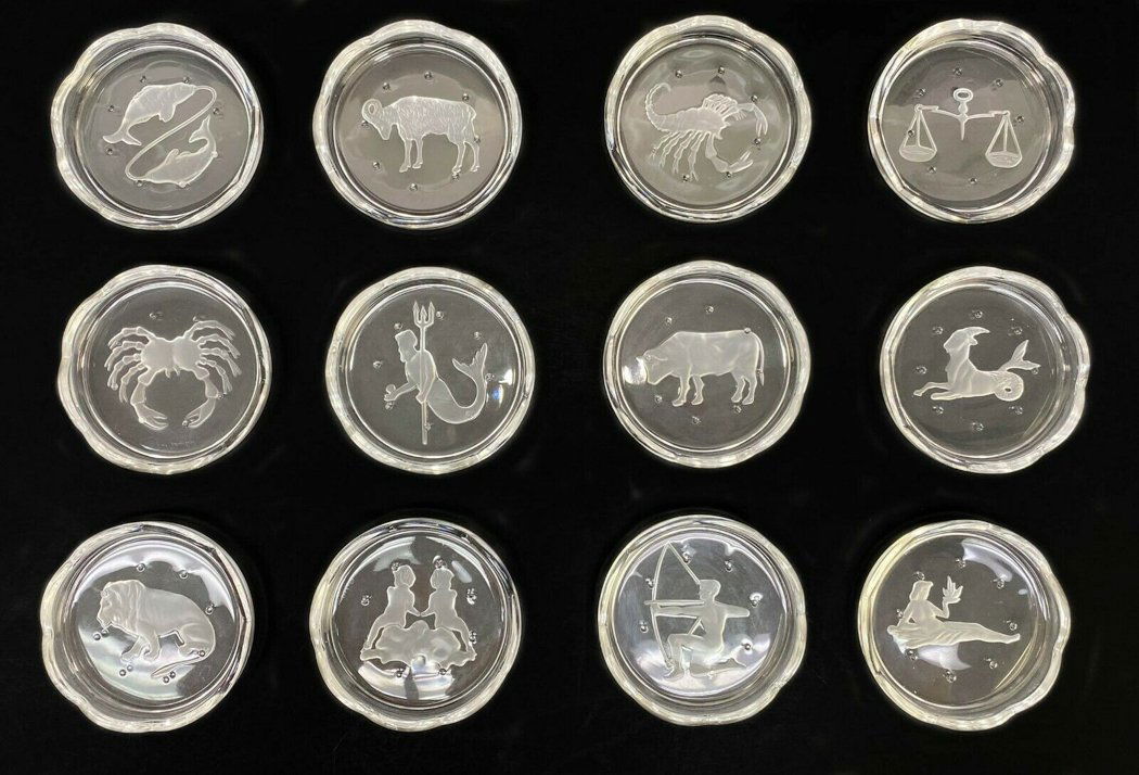 12 Val St Lambert Glass Zodiac Symbols Coaster Set (1 of 5)