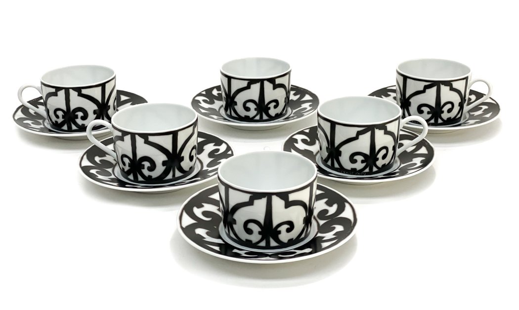 6 Hermes Balcon du Guadalquivir Black Cup and Saucers. (1 of 8)