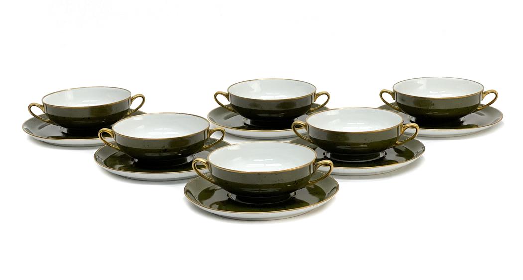 6 Puiforcat France Bouillon Bowls in Jade by Limoges: 6 Puiforcat France Hand Painted Bouillon Bowls in Jade by Limoges. An olive green and black ground to the rims to mimic Nephite Jade. Puitforcat Limoges France mark to the underside base. Weight Appro