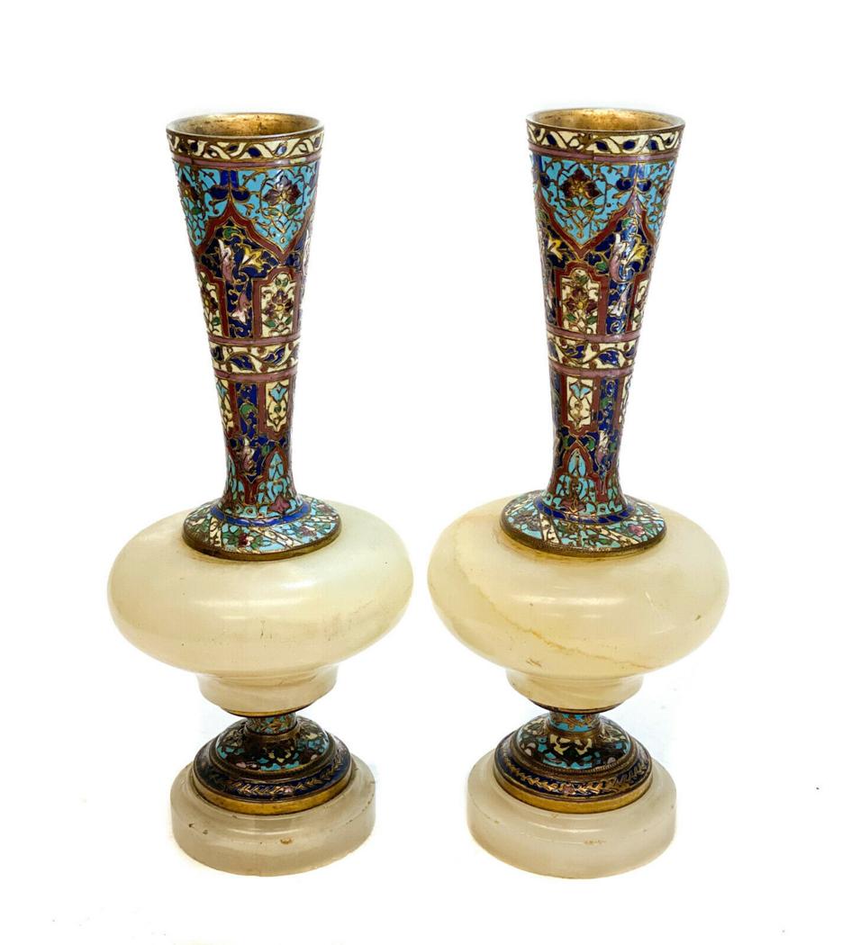 French Champleve White Onyx Gilt Bronze Footed Vases (1 of 4)