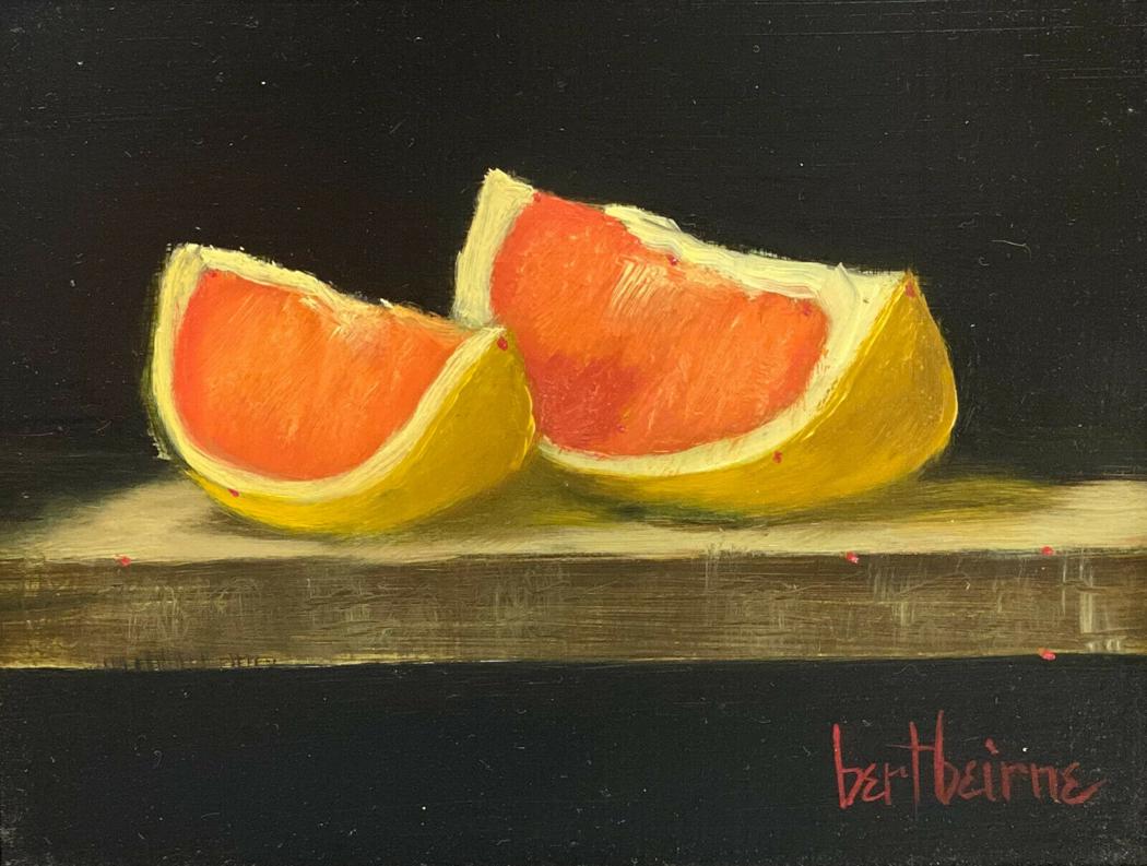 Bert Beirne Oil on Panel, "2 Grapefruit Sections": Bert Beirne (American 1939) Oil on Panel, "2 Grapefruit Sections", Signed. The painting depict 2 pieces of grapefruit slices on a table. Signed to the lower right. Beautifully framed in a carved and b