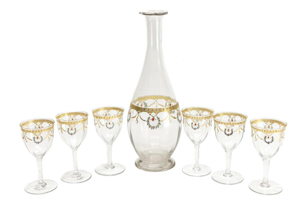 6 Venetian Clear Glass Enamel Cordial Wine Goblets and: 6 Venetian clear glass enamel cordial wine goblets and decanter. Enamel wreaths with gilt laurel swags towards to the top edge. Weight Approx., 4 lbs Measures Approx., Decanter: 4.25 inches x 11.5 inc