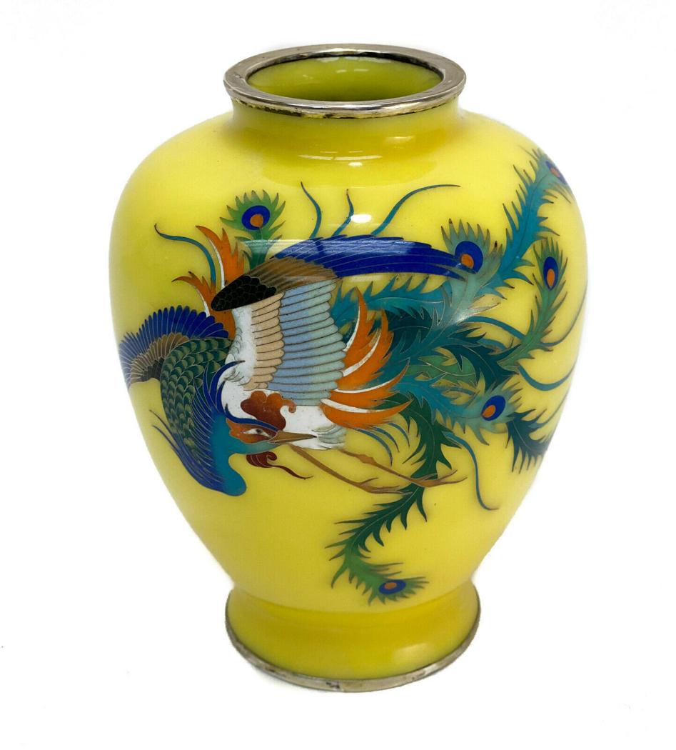 Japanese Cloisonne Enamel Silver Vase, Flying Peacock (1 of 5)