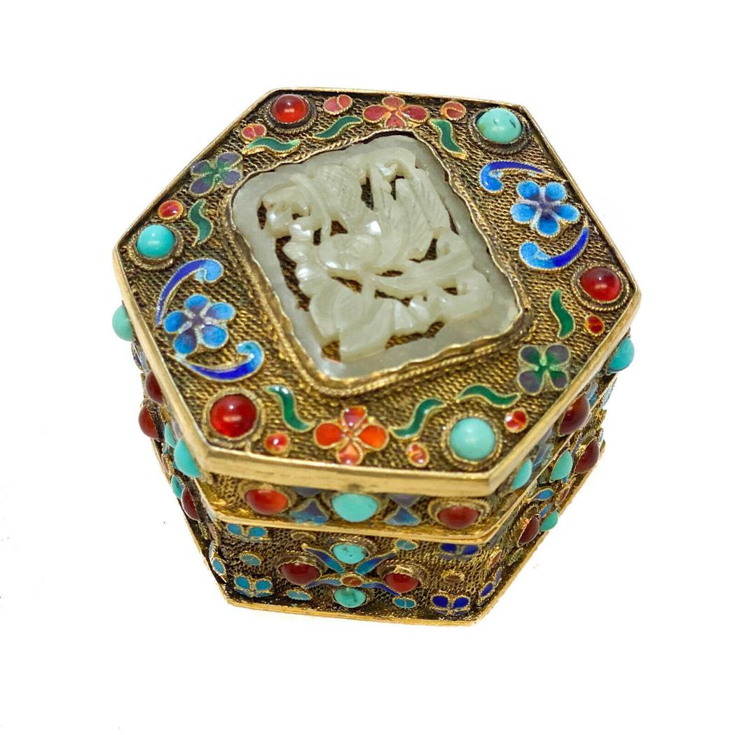 Chinese Gilt Silver Filigree Enamel & Stone Tinket Box (1 of 5)