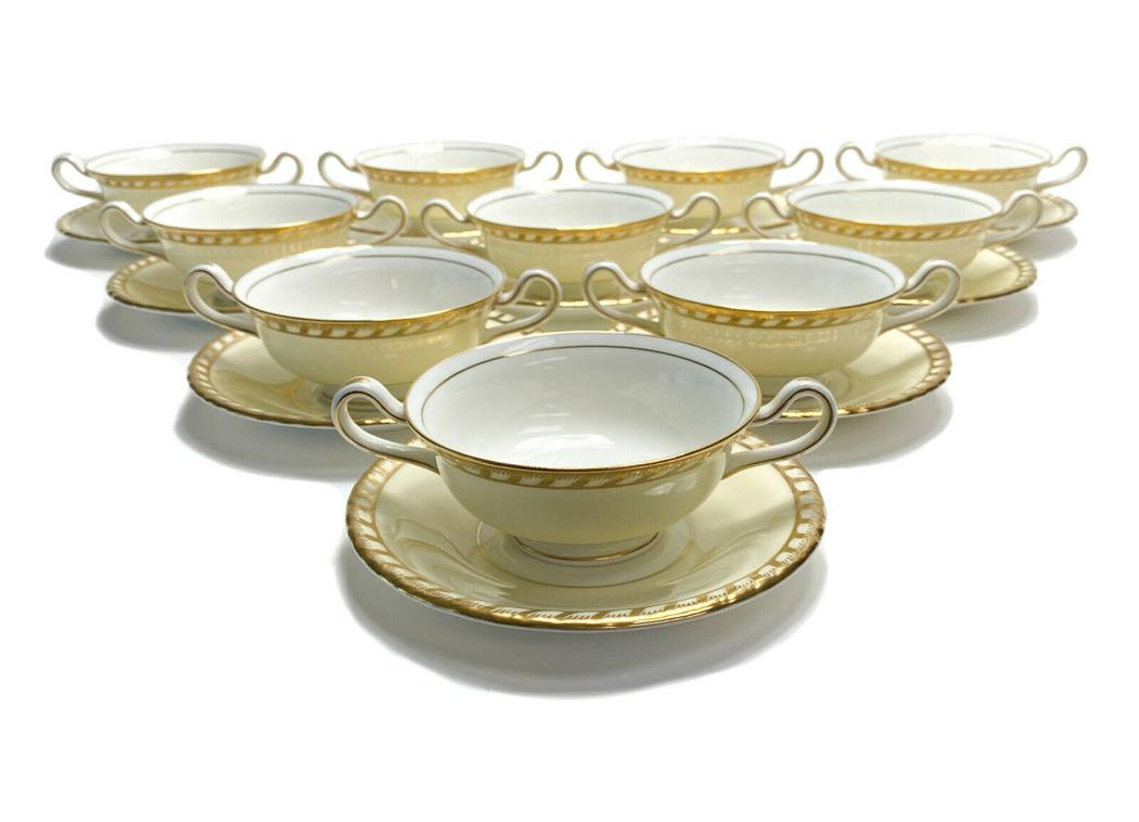 10 Minton Porcelain Bouillon Bowl and Underplates: 10 Minton England porcelain bouillon bowl and underplates, circa 1920. A pale yellow ground with gilt to the scalloped edges. Minton England mark to the underside base. Weight Approx., 10 lbs Measures