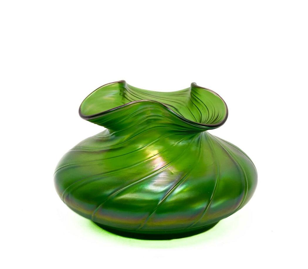 Iridescent Green Aurene Hand Blown Glass Vase, Ruffled (1 of 3)
