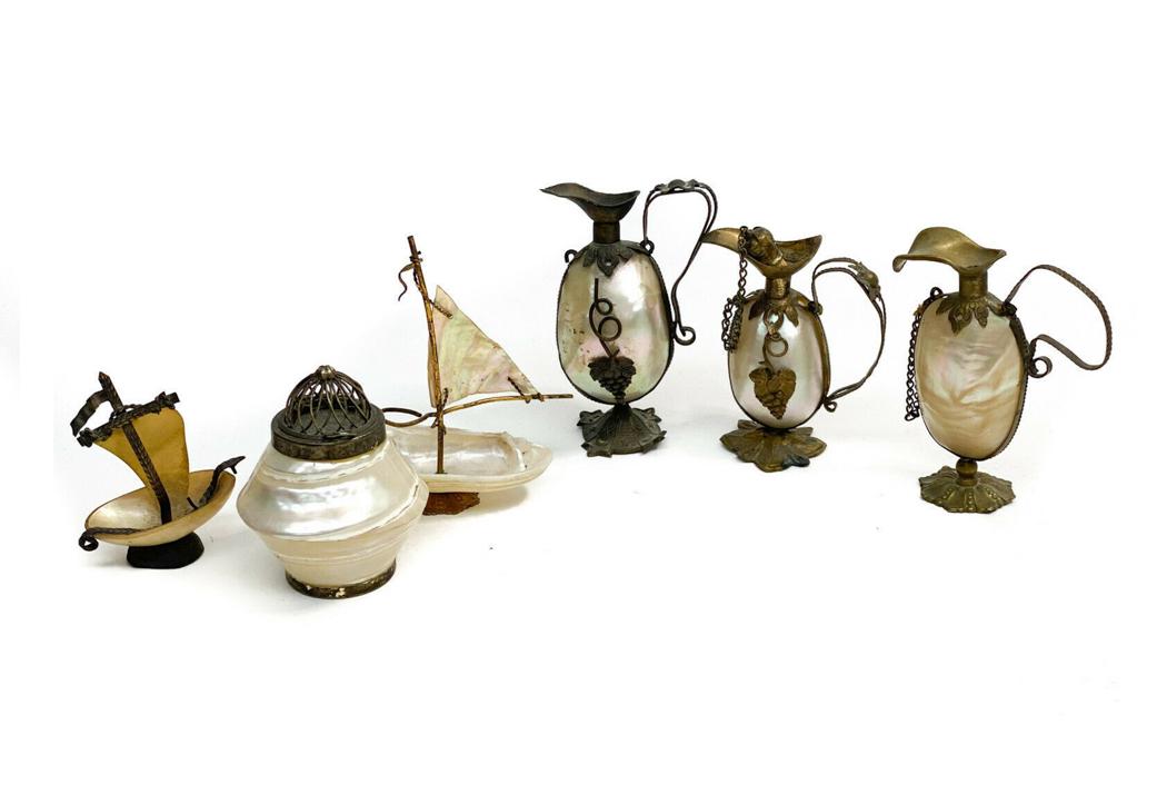 6 Mother of Pearl Metal Miniature Decorative Urns Ships (1 of 3)
