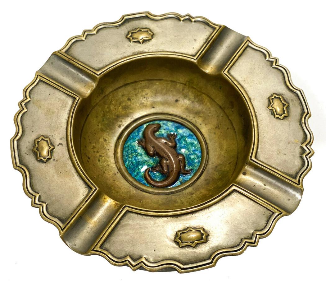 Oscar Bach Bronze & Blue Enameled Ashtray, Lizard (1 of 5)