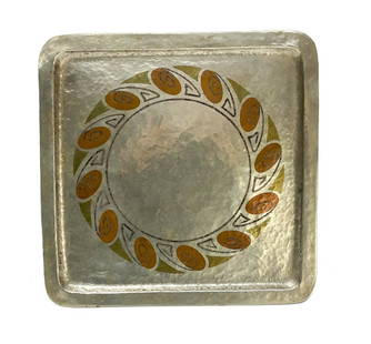 Claudius Linossier Silver Mixed Metal Inlay Tray: Claudius Linossier (French 1893-1953) silver mixed metal inlay hand hammered dinanderie dish tray, circa 1930. Mixed metal inlay wreath to the central area. Signed "Linossier" towards the inner