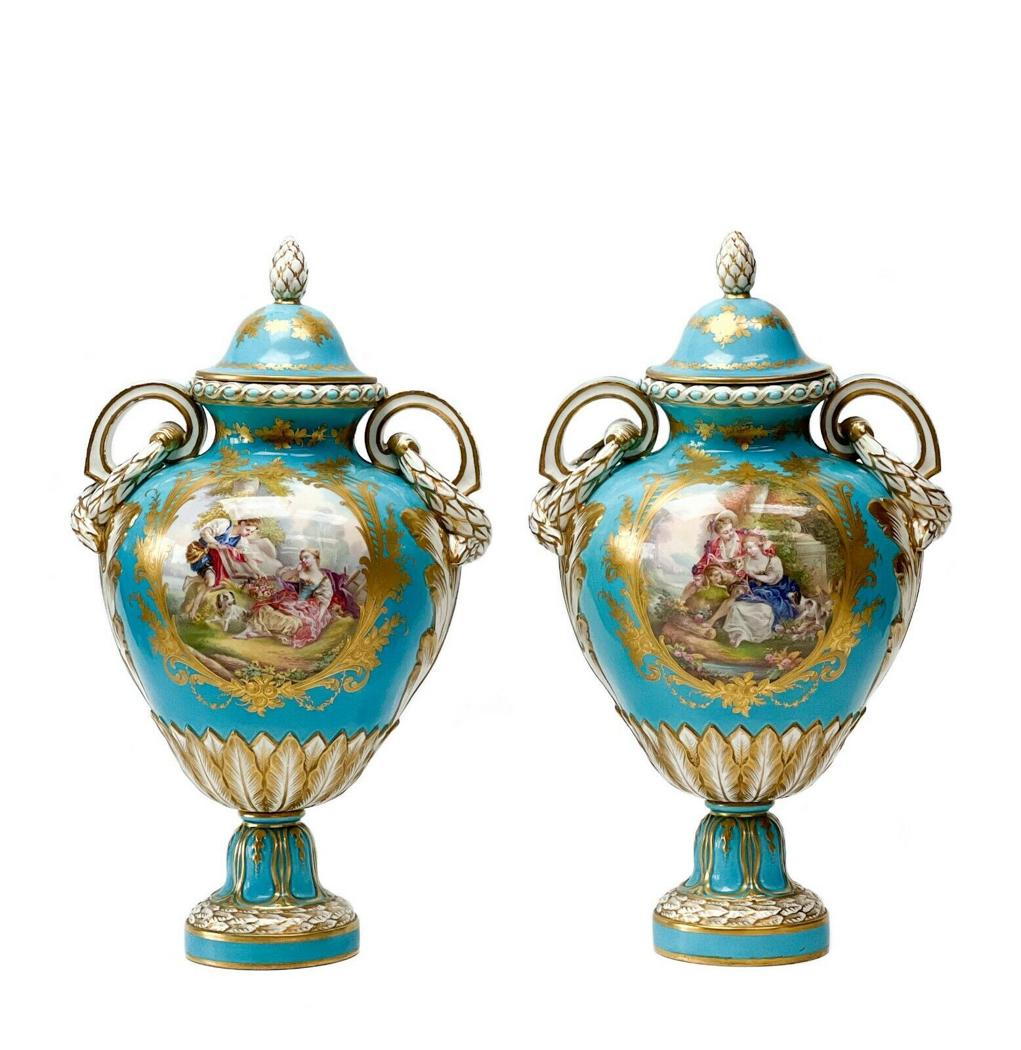 Pair Sevres France Hand Painted Porcelain Covered Urns, (1 of 5)
