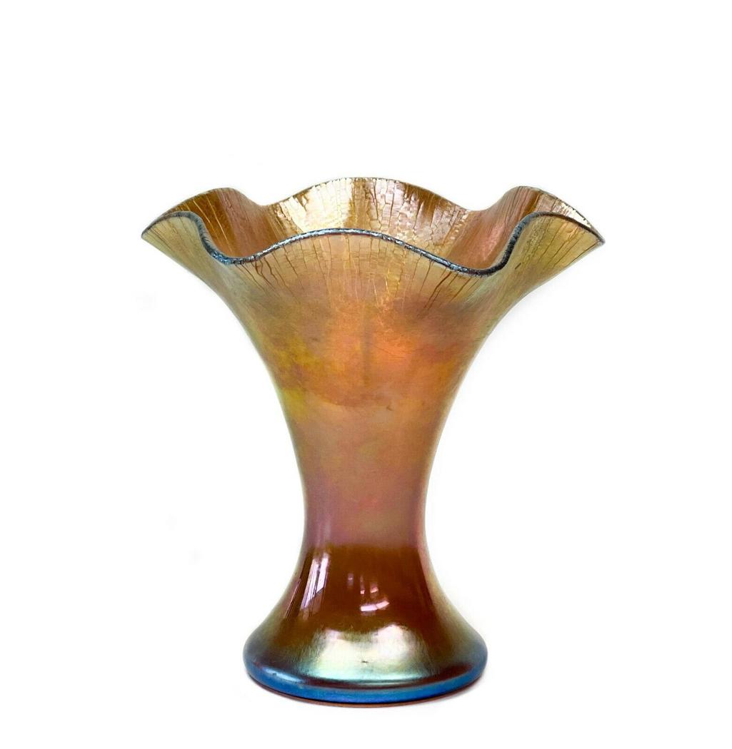 Steuben Gold Aurene Iridescent Glass Vase Ruffled Rim (1 of 5)