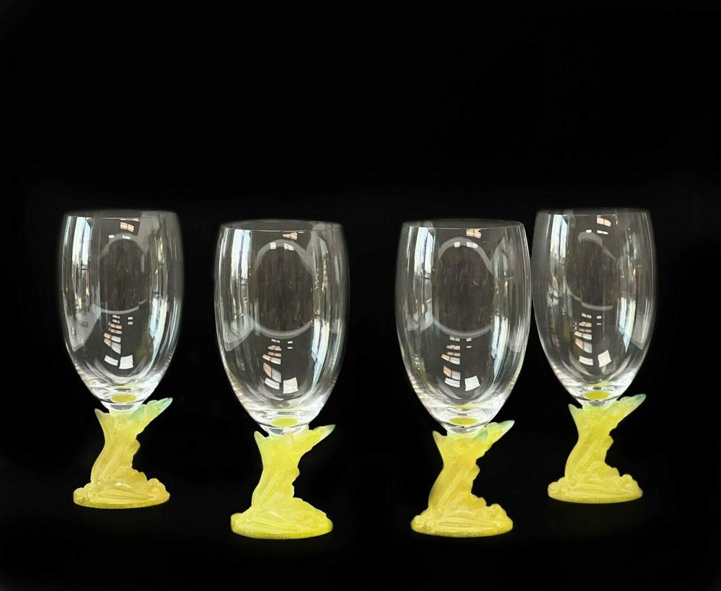 4 Daum France Crystal Glass Yellow Pate de Verre Stem: 4 Daum France Crystal Glass Pate de Verre Wine Glasses in Mimosa. Clear bowls with yellow pate de verre stems in the shape of a mimosa branch. Daum France etched into the underside. Weight Approx., 2