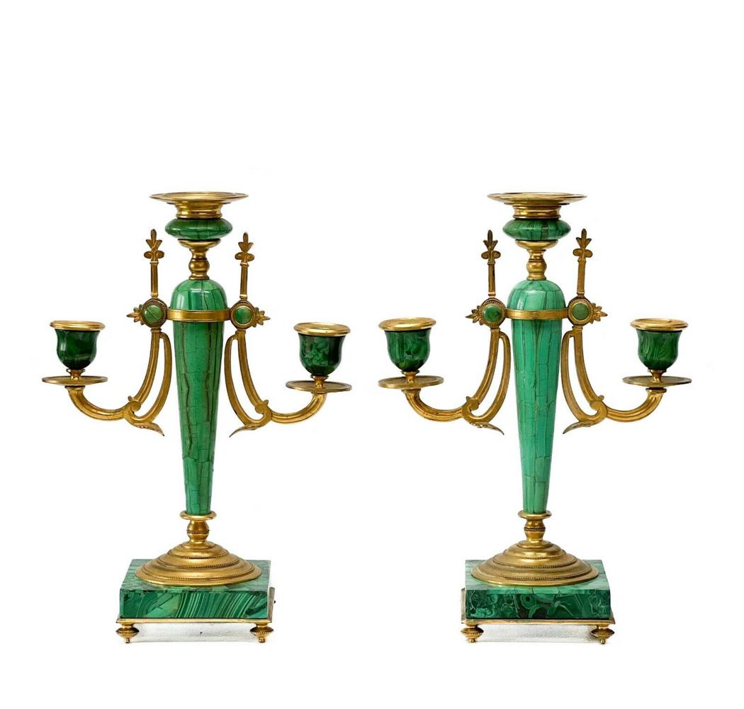 Pair Russian Malachite and Gilt Bronze Candelabras, (1 of 5)