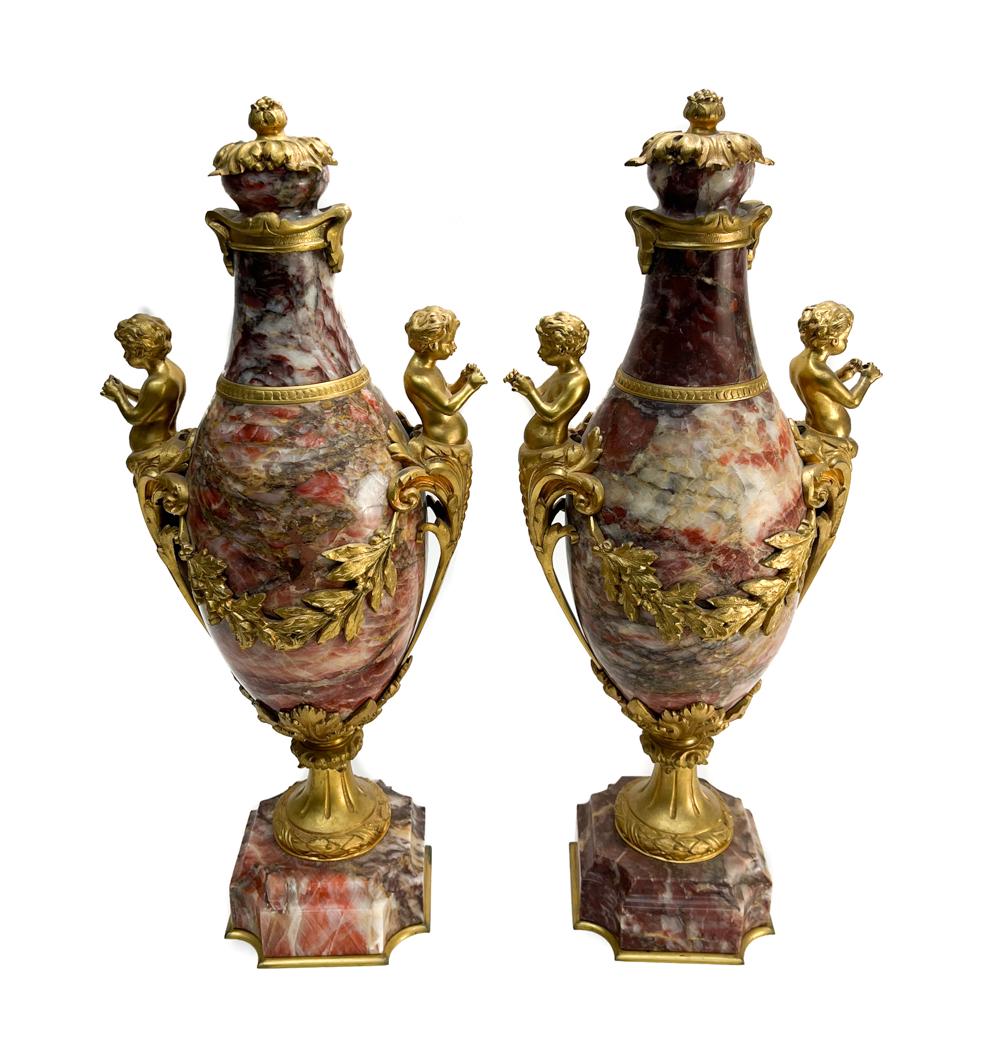 Pair Louis XVI Style Ormolu   Twin Handled Marble Urns (1 of 10)