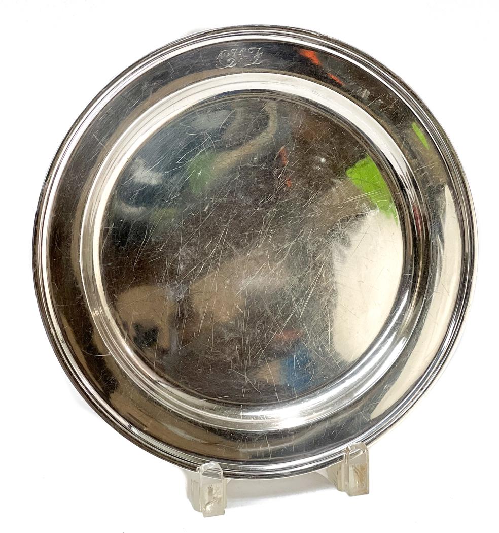 Tiffany & Co. Sterling Silver John C. Moore II Round: Tiffany & Co. Sterling Silver John C. Moore II Round Tray. #20185, 1923. Monogramed "CHF" to the center top of the rim. Tiffany & Co. sterling silver hallmarks to the underside base. Weight Approx., 1