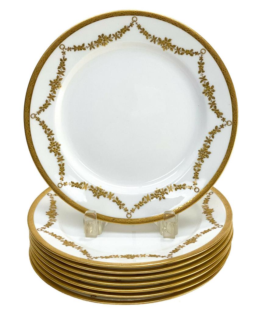 8 Lenox for Tiffany & Co. Porcelain Plates,circa 1920: 8 Lenox for Tiffany & Co. porcelain 9 inch plates, circa 1920. Gilt floral swags to the edge with gilt rims. Lenox for Tiffany & Co. marks to the underside base. Weight Approx., 8 lbs Measures Approx.