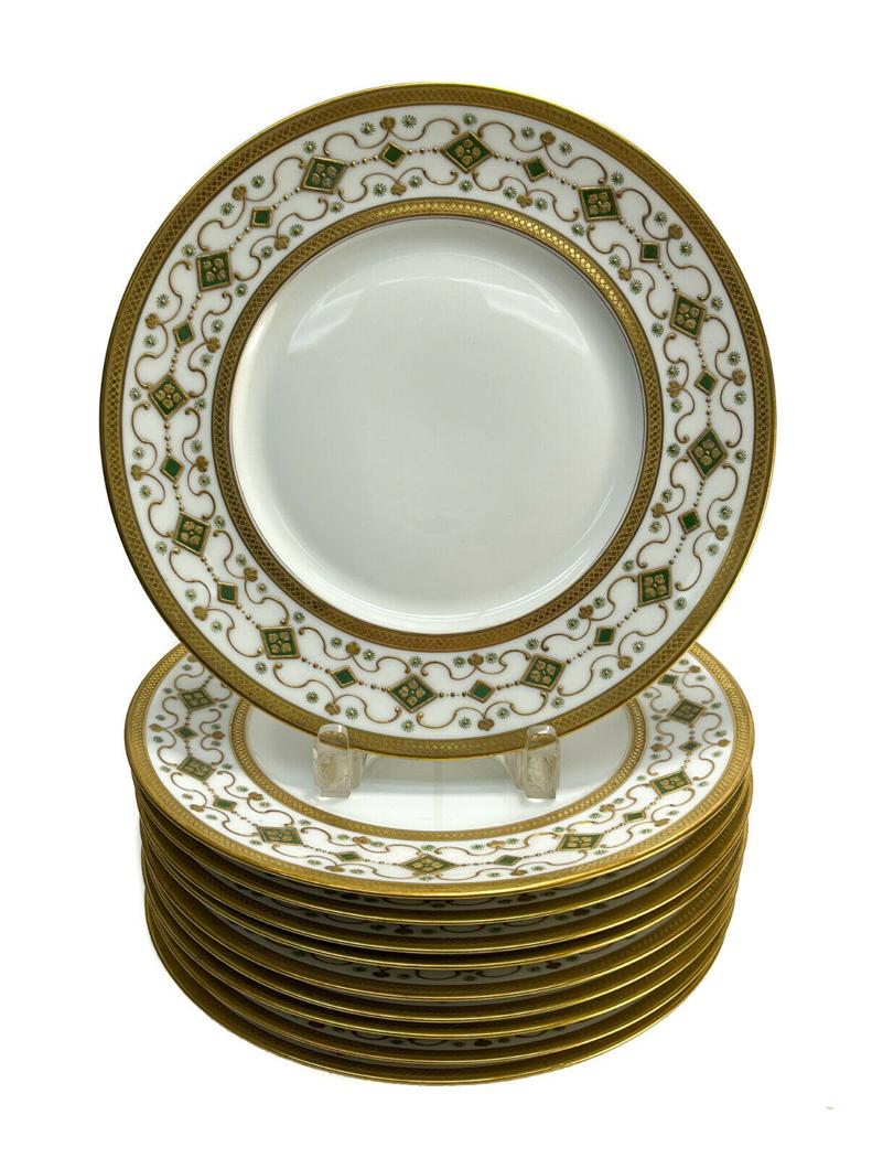 10 Limoges France Coronet Porcelain Dinner Plates, 2nd: 10 Limoges France Coronet porcelain dinner plates, 2nd Quarter 20th Century. Gilt and enamel decoration to the rims. Limoges France Coronet France mark to the underside base.Weight Approx., 10 lbsMeas