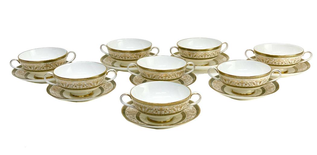 8 Minton Porcelain Bouillon Bowls Underplates Aragon: 8 Minton England porcelain bouillon bowls and underplates in Aragon. Green bands with gold scrolls and flowers. Minton England mark to the underside base. Weight Approx., 4 lbs Measures Approx., Bouil