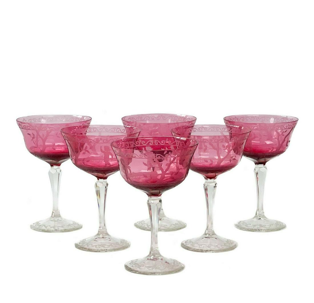 6 Bohemian Cranberry Art Glass Engraved Stemware (1 of 3)