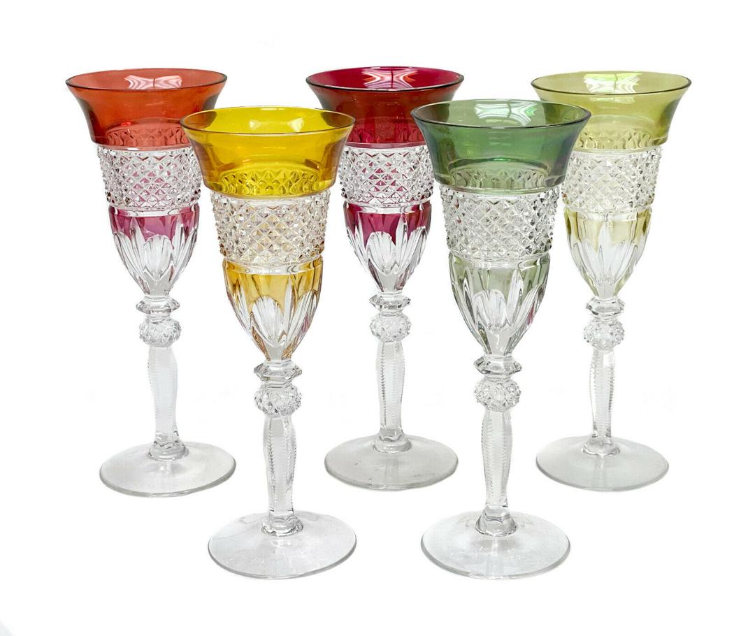 5 Continental Multi-Colored Cut Glass Wine Goblets: 5 Continental multi-colored cut glass wine goblets. Saint Louis quality with diamond cuts to the circular band of the bowls. Baluster stem with ridged edges. Unmarked. Weight Approx., 3 lbs Measures A