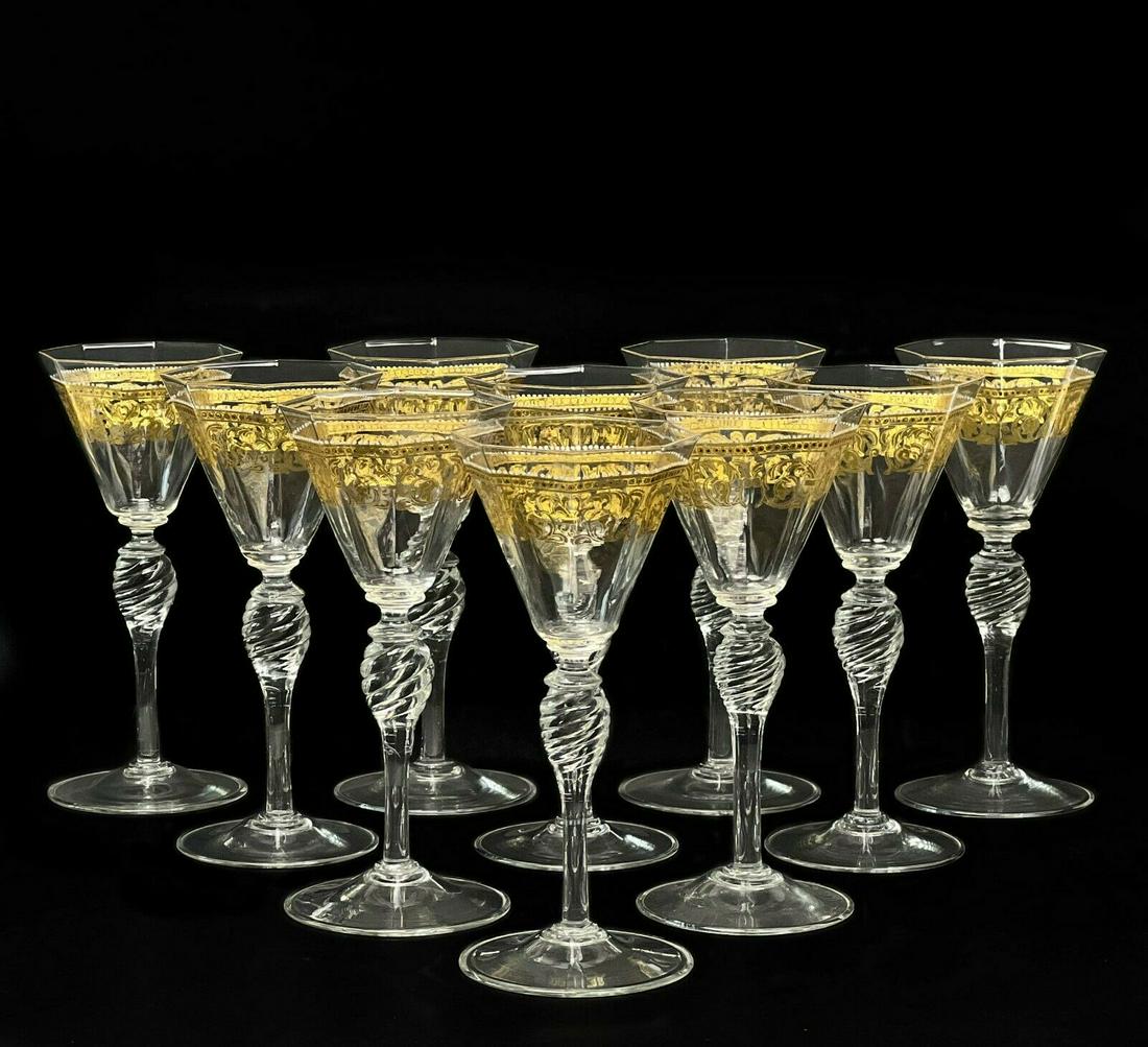 10 Venetian Hand Blown Glass Stemware Gilt & Enamel 7: 10 Venetian glass stemware gilt and enamel wine glasses, circa 1970. Octagonal shaped bowls with a gilt foliate design with raised enamel accents in white red and green. A twisted knobbed stem. Slight