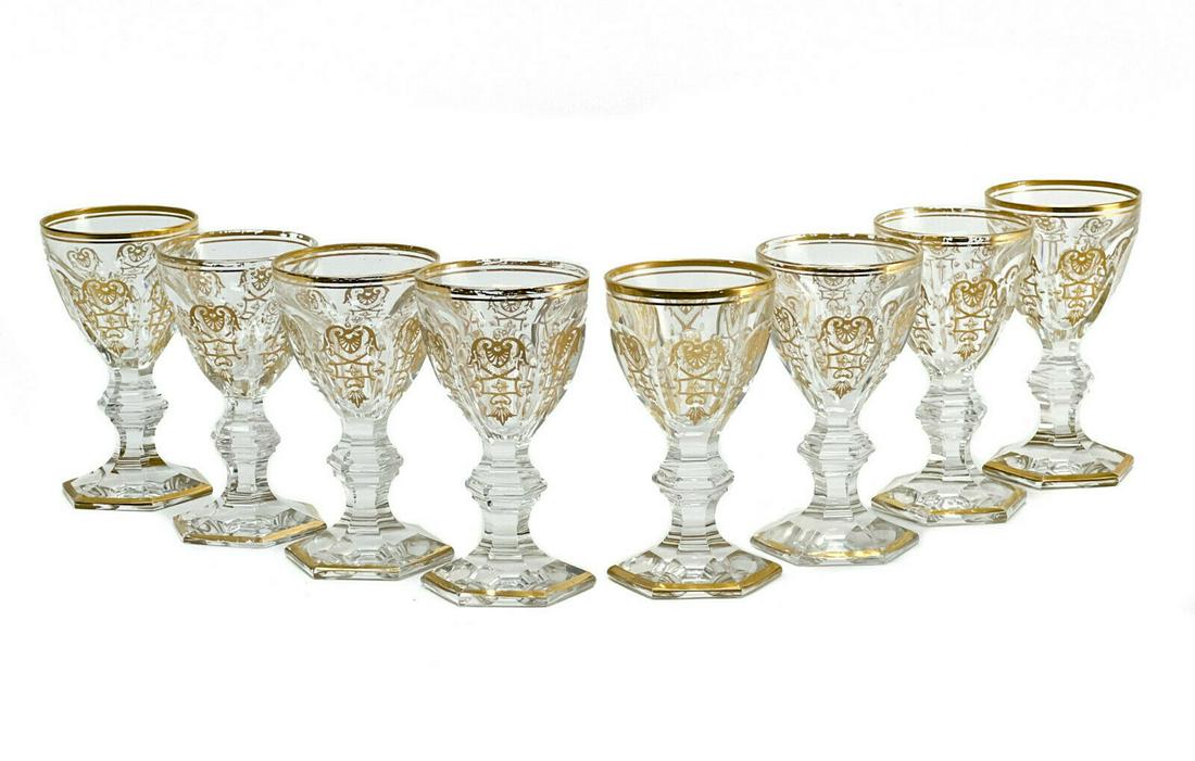 8 Baccarat France Crystal Glass Sherry Wine Goblets in: 8 Baccarat France crystal glass sherry wine goblets in Harcourt Empire, Signed. Adorned with exquisite gold embellishments. Hexagonal base. Acid etched Baccarat France mark to underside Weight Approx.