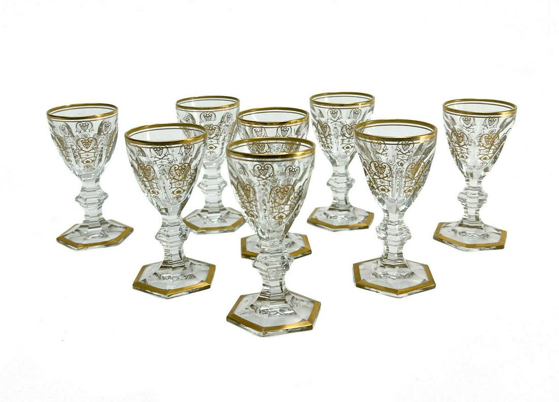 8 Baccarat France Crystal Glass Sherry Cordial Goblets: 8 Baccarat France crystal glass cordial wine goblets in Harcourt Empire, Signed. Adorned with exquisite gold embellishments. Hexagonal base. Acid etched Baccarat France mark to underside Weight Approx