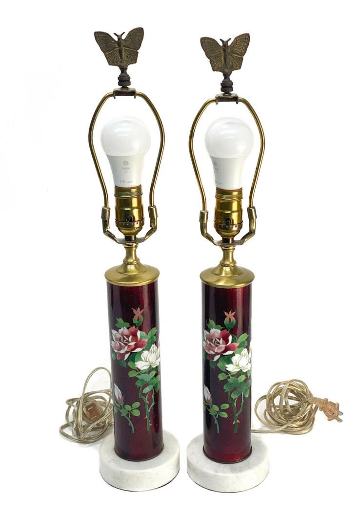 Japanese Cloisonne Red Ginbari Foil Enamel Lamps: Pair Japanese cloisonne red Ginbari foil enamel lamps, 1st Half 20th Century. The stems of the lamps with red ginbari foil and white and red enamel roses to the central area. Mounted on a white marble