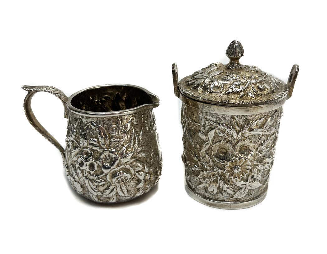 Kirk & Sons Sterling Silver Repousse Lidded Sugar Bowl and Creamer. (1 of 6)