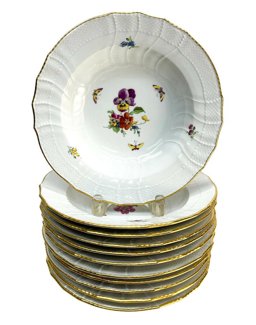 11 KPM Berlin Germany Porcelain Rimmed Soup Bowls. Florals, 19th Century. (1 of 4)