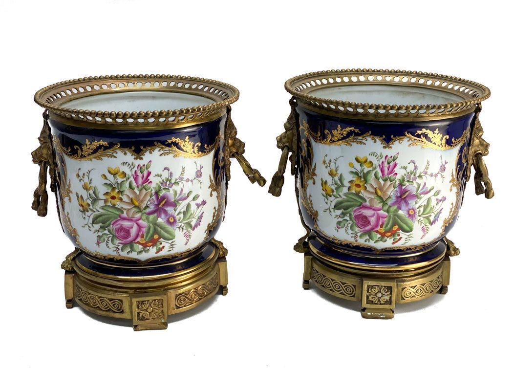 Pair Hand Painted Porcelain Jardinieres or Cache Pots (1 of 7)