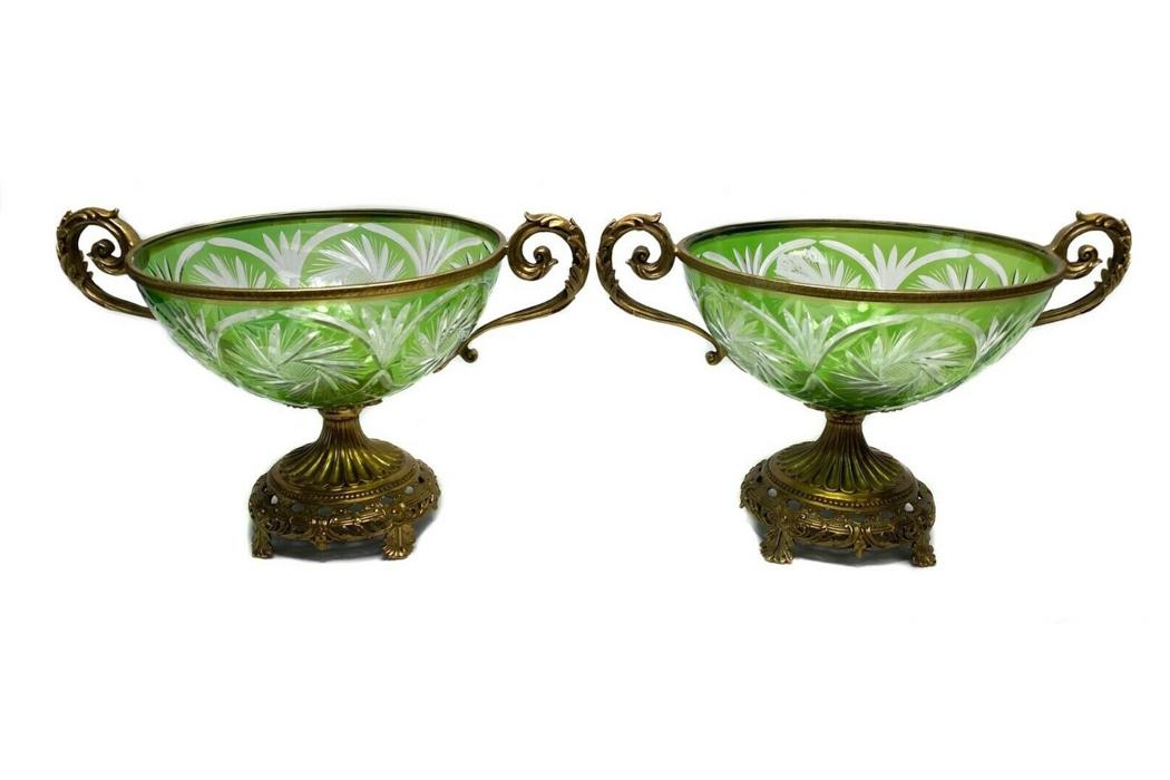 Pair Gilt Metal Mounted Green Cut Glass Centerpiece Bowls (1 of 6)
