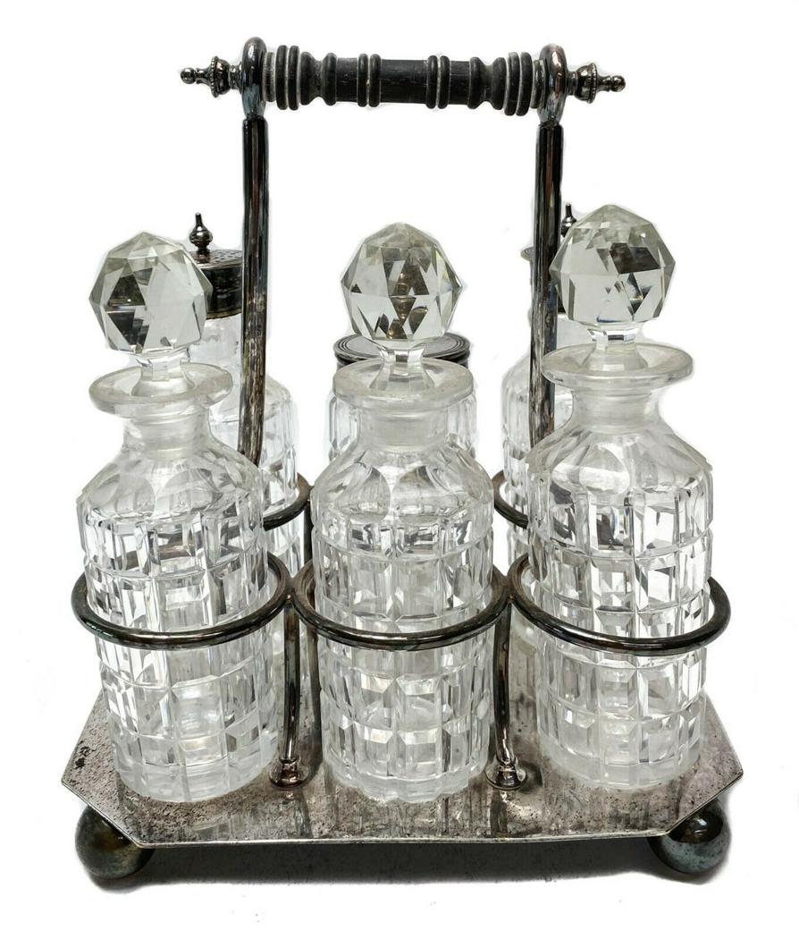 English Silver Plate Cruet Set w/ George III Silver Condiment Spoon 1790 (1 of 12)