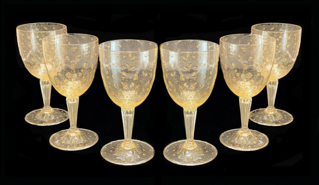 6 Venetian Gold Fleck Bubble Water Glasses, circa 1950 (1 of 4)