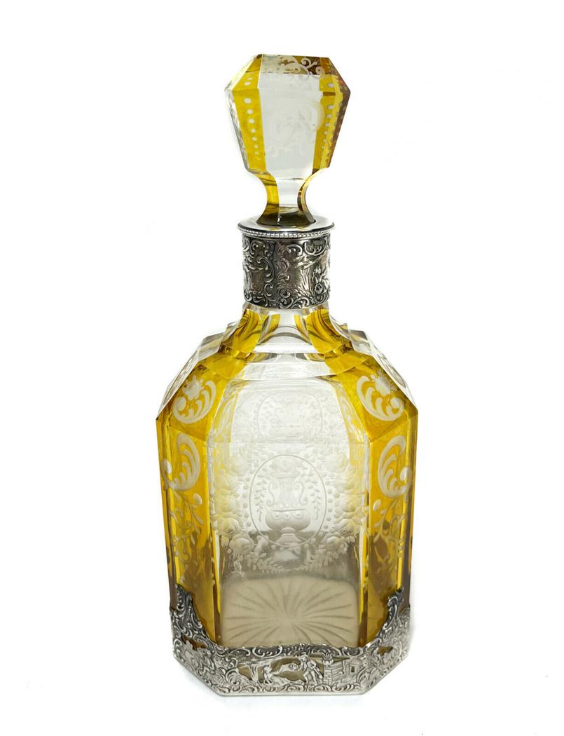 German 800 Silver and Acid Etched Amber Yellow and Clear Glass Decanter (1 of 8)