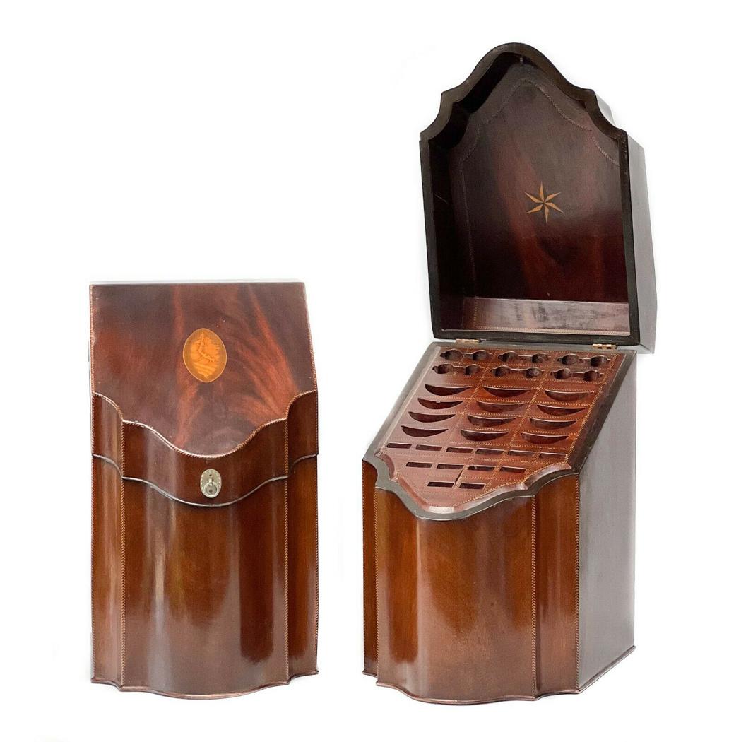 Pair 19th century English Inlaid Mahogany Wood Cutlery Knife Boxes (1 of 8)