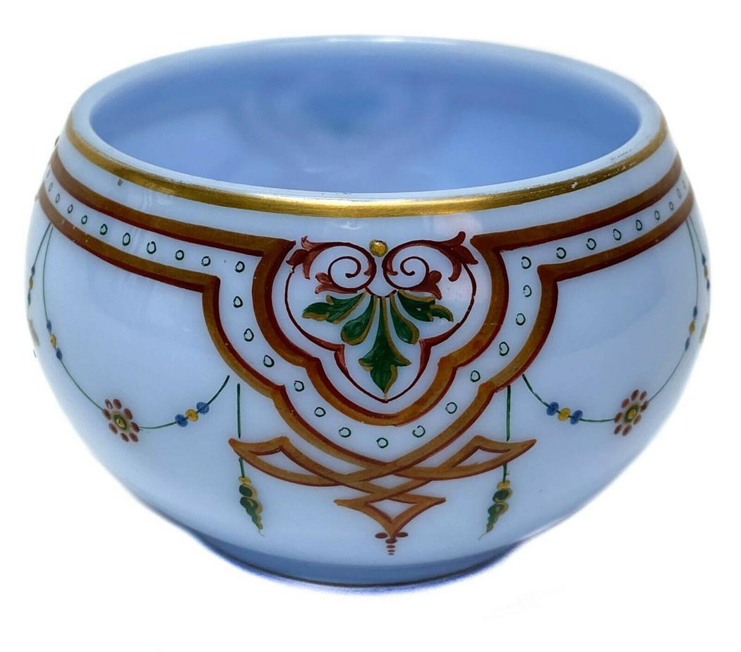Continental Blue Opaline Enamel & Gilt Glass Bowl: Continental blue opaline hand blown w/ polished pontil bowl with hand painted decoration and enamel c1900. Weight Approx., 0.7 lbs Measures Approx., 4 in. diameter x 2.7 in. tall.Domestic Shipping: $2