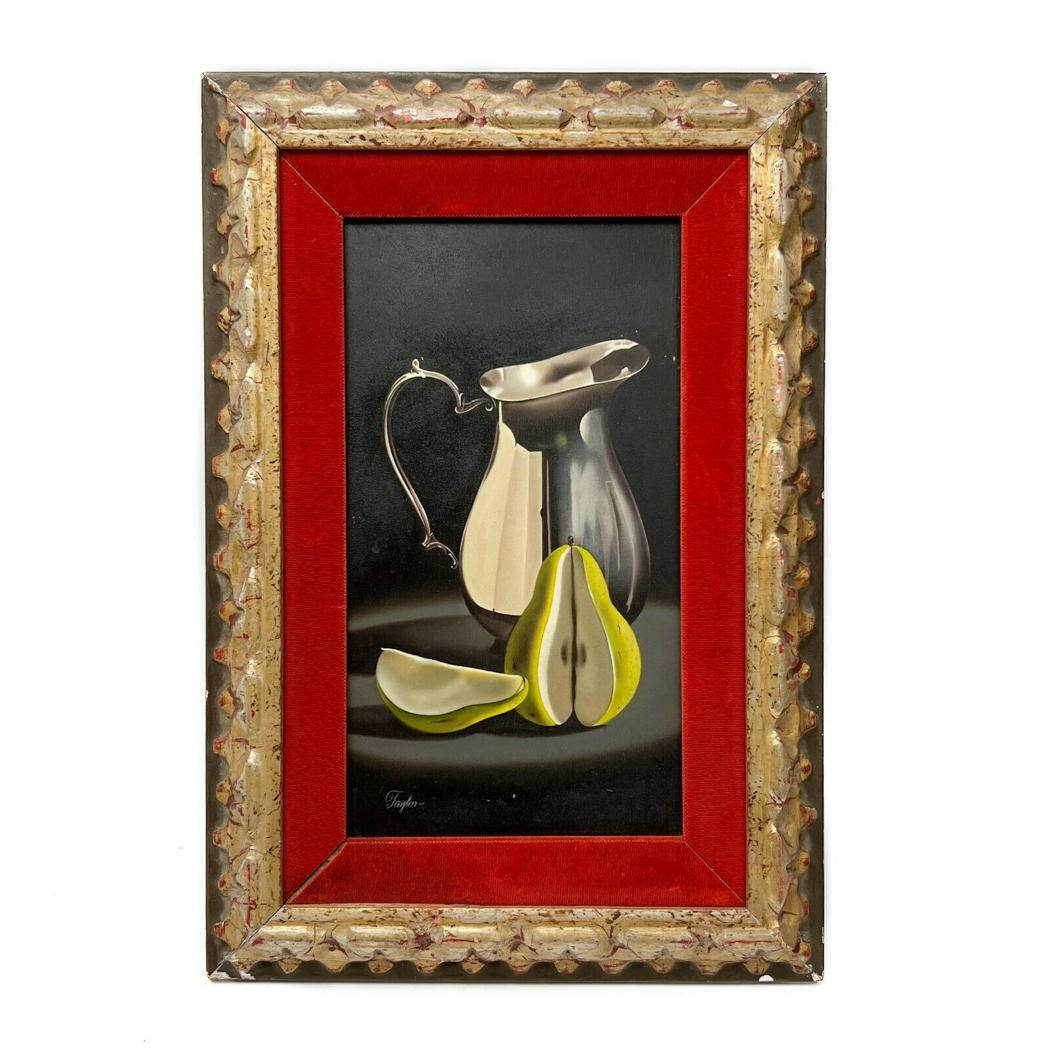 John Taylor Oil on Board Still Life Painting Pitcher and Pear: John Rand Taylor (American b. 1944) "Pitcher and Pear" oil on board still life painting, signed & framed. The painting depicts a still life featuring a sliced green pear and a metal pitcher. Artist si