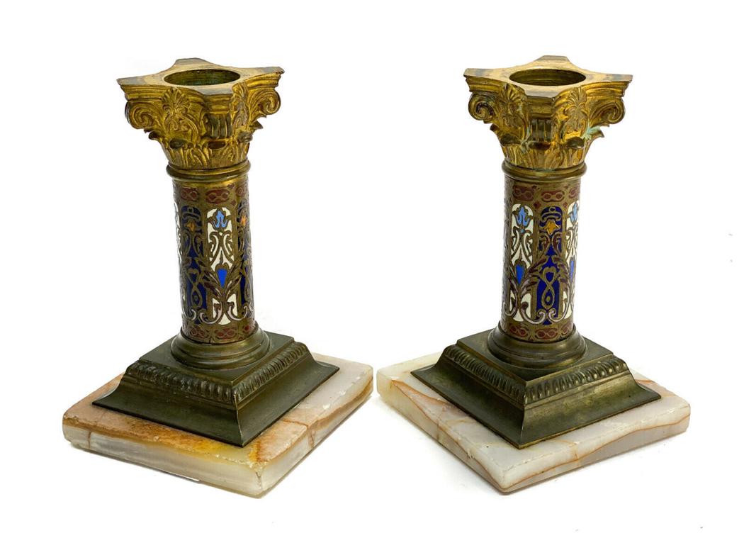 Pair French Champleve Enamel Bronze Candlesticks, 19th C (1 of 4)
