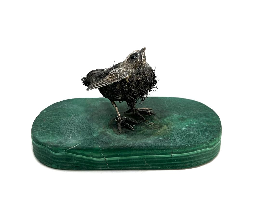 Italian Silver Bird on Malachite Base: Italian Silver Figure of a Bird mounted on a unpolished malachite base. 2nd half 20th century. Base. Weight Approx., 6.33 ozt Measures Approx., 3.5 inches x 2 inches x 2 inches tall