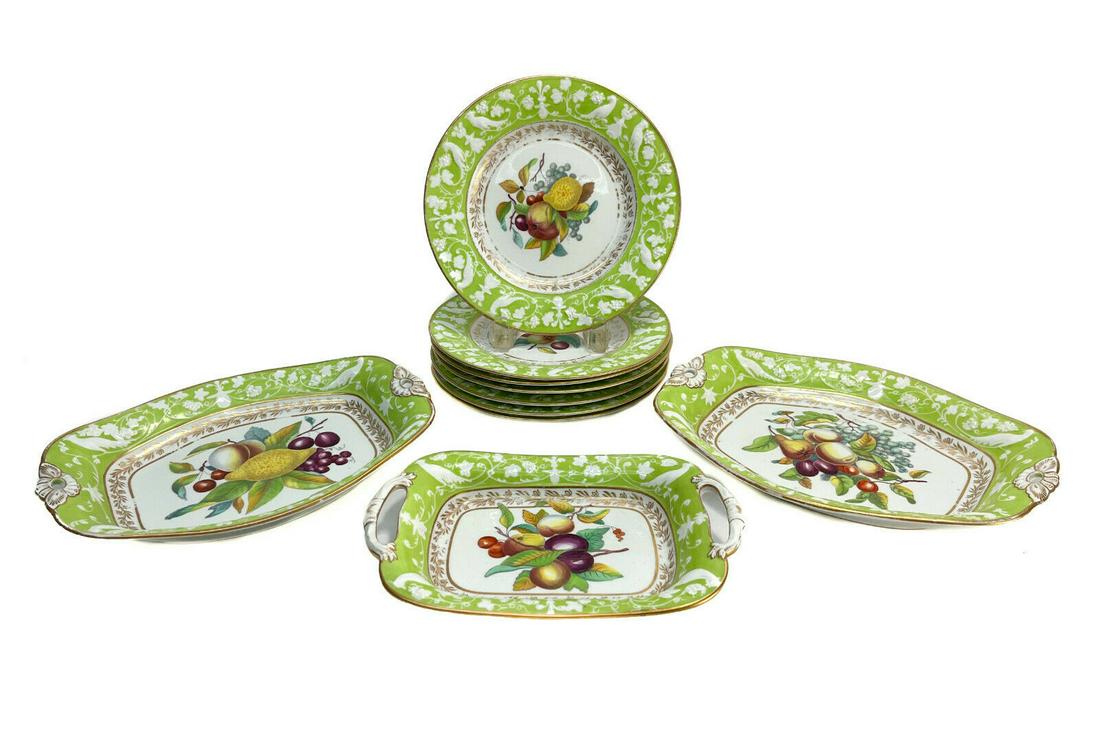Spode English Porcelain Dessert Service for 7, Fruits and Birds: Spode English porcelain dessert service for 7. A lime green ground with raised birds and flowers to the borders. The center with various fruits. Apparently unmarked, but attributed to Spode. The desse