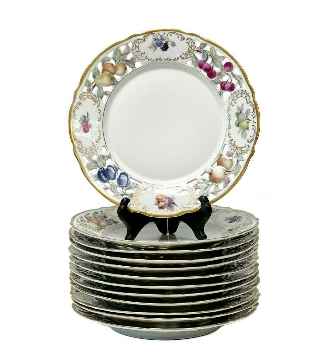 12 Schumann Bavaria Reticulated Edge Porcelain Plates Fruit Decoration c. 1935 (1 of 7)